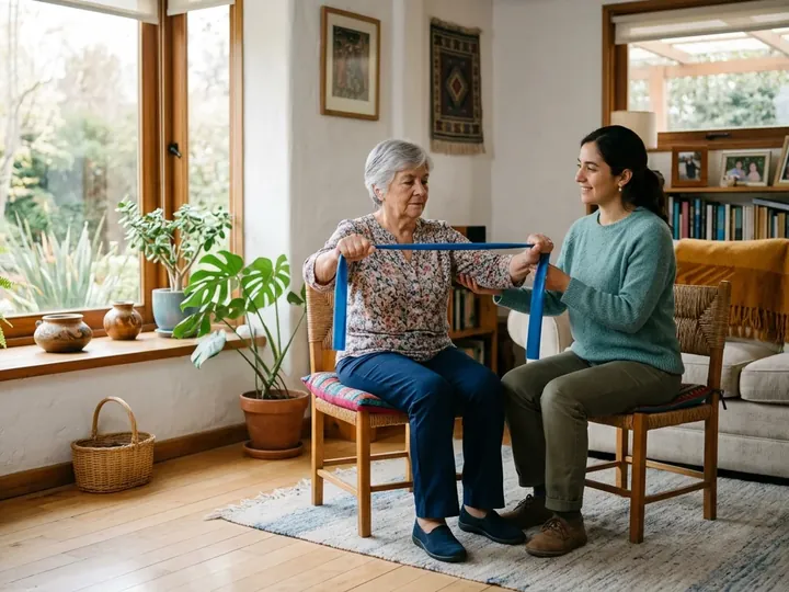 Kinesióloga haciendo ejercicios de rehabilitación con una paciente en su casa